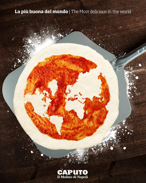 A graphic of pizza dough on a pizza peel with sauce spread out in the shape of a world map